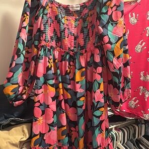 First Love Pink Floral Smocked Casual Dress with Teal & Yellow Accents